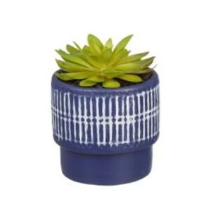 Artificial Fake Succulent Plant Blue Textured Ceramic Planter Whitewashed Desk
